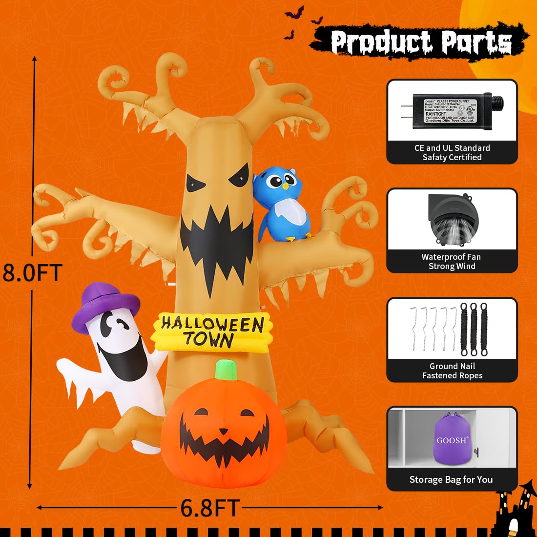 8 FT Halloween Inflatables Dead Tree with Built-in LED Lights Q340