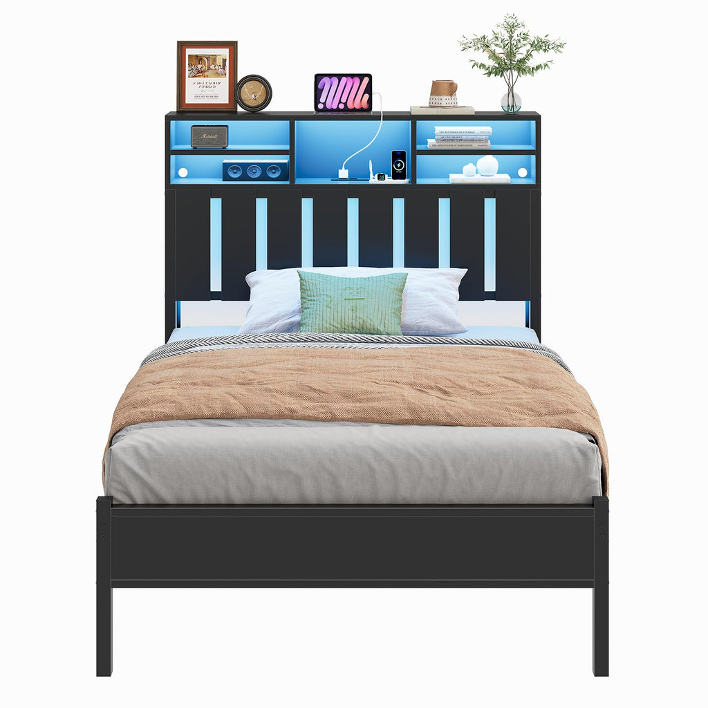 Twin Size Bed Frame with Storage Headboard and LED Lights B5905