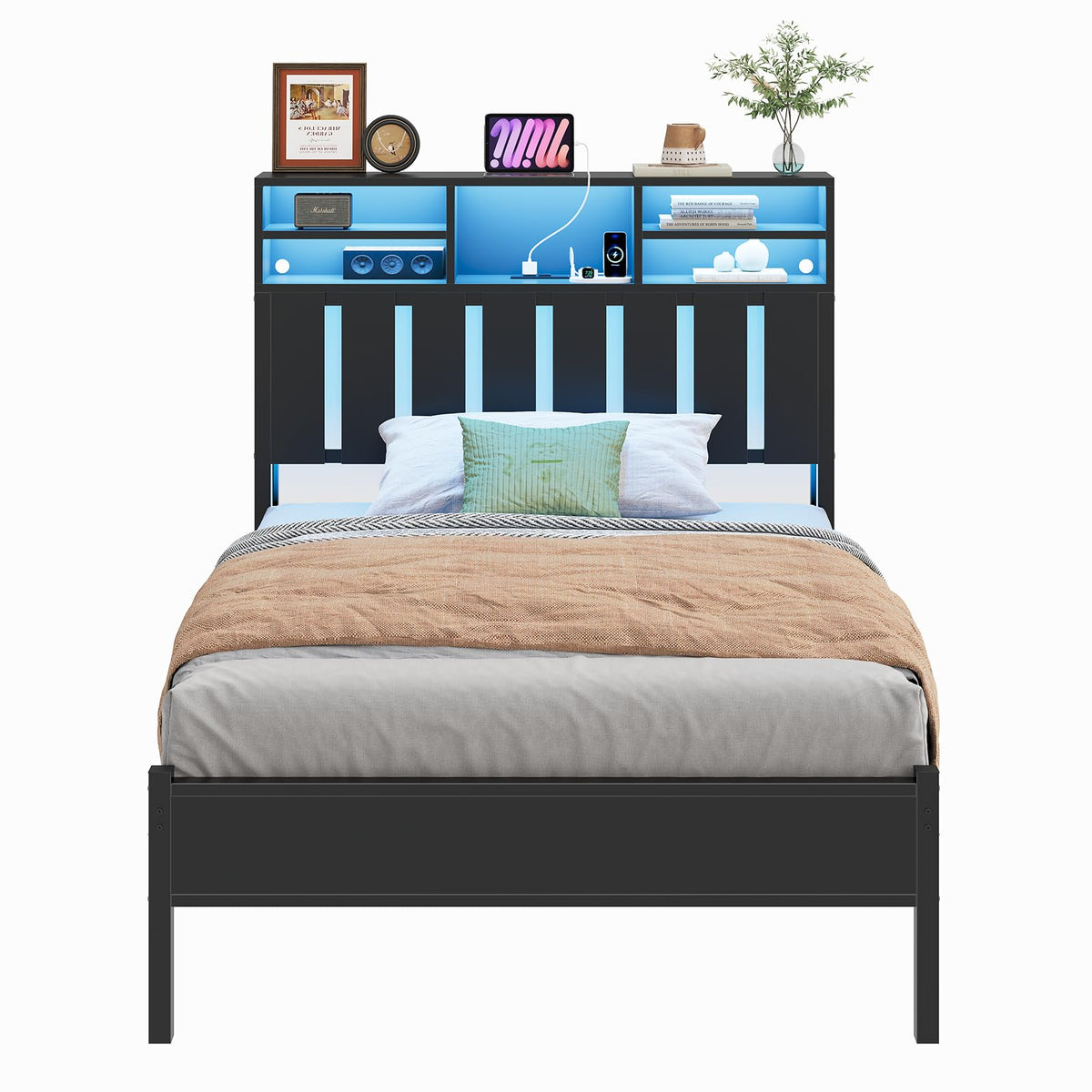 Twin Size Bed Frame with Storage Headboard and LED Lights B5905