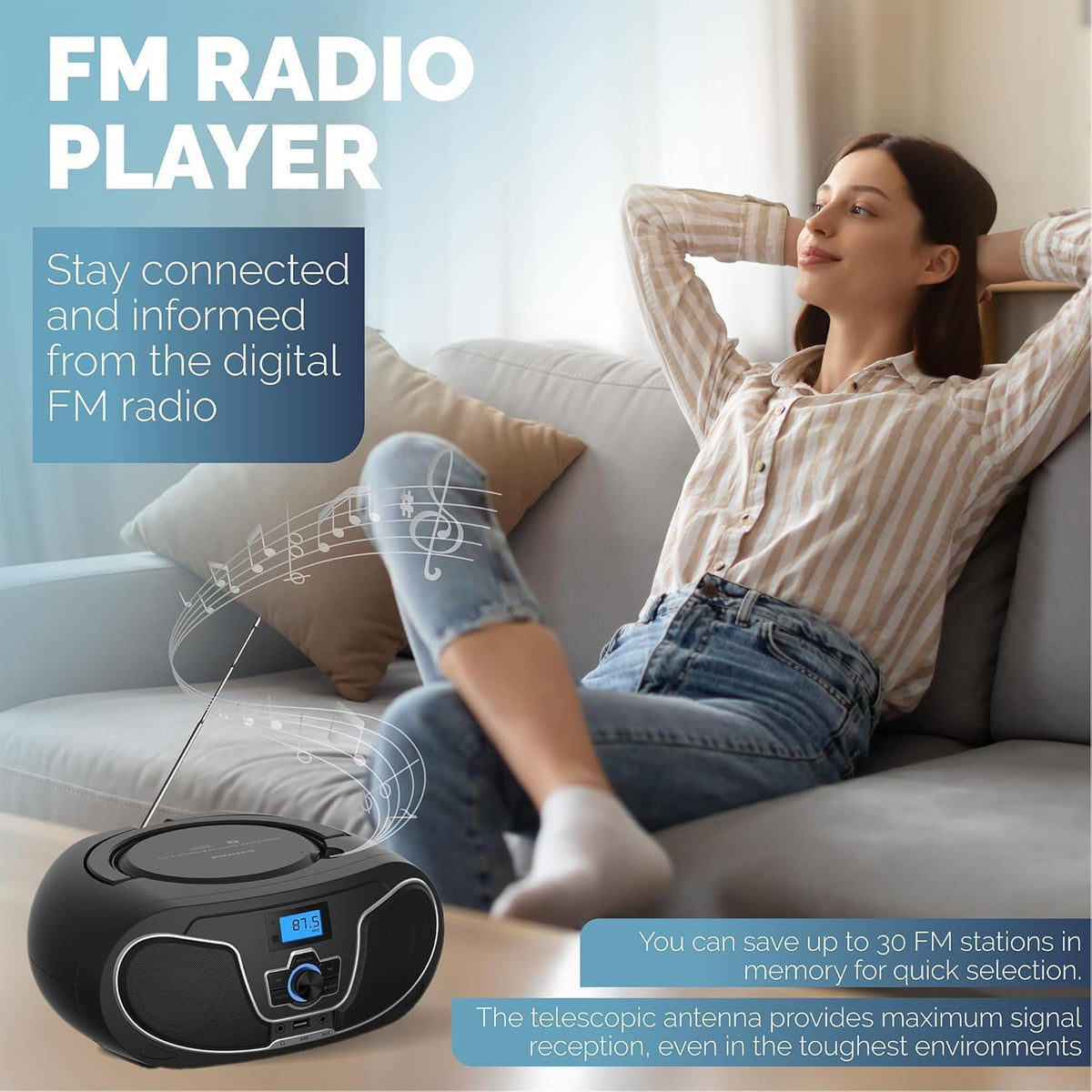 Portable CD Player Boombox with Bluetooth, FM Radio, USB Playback & AUX Input K5006