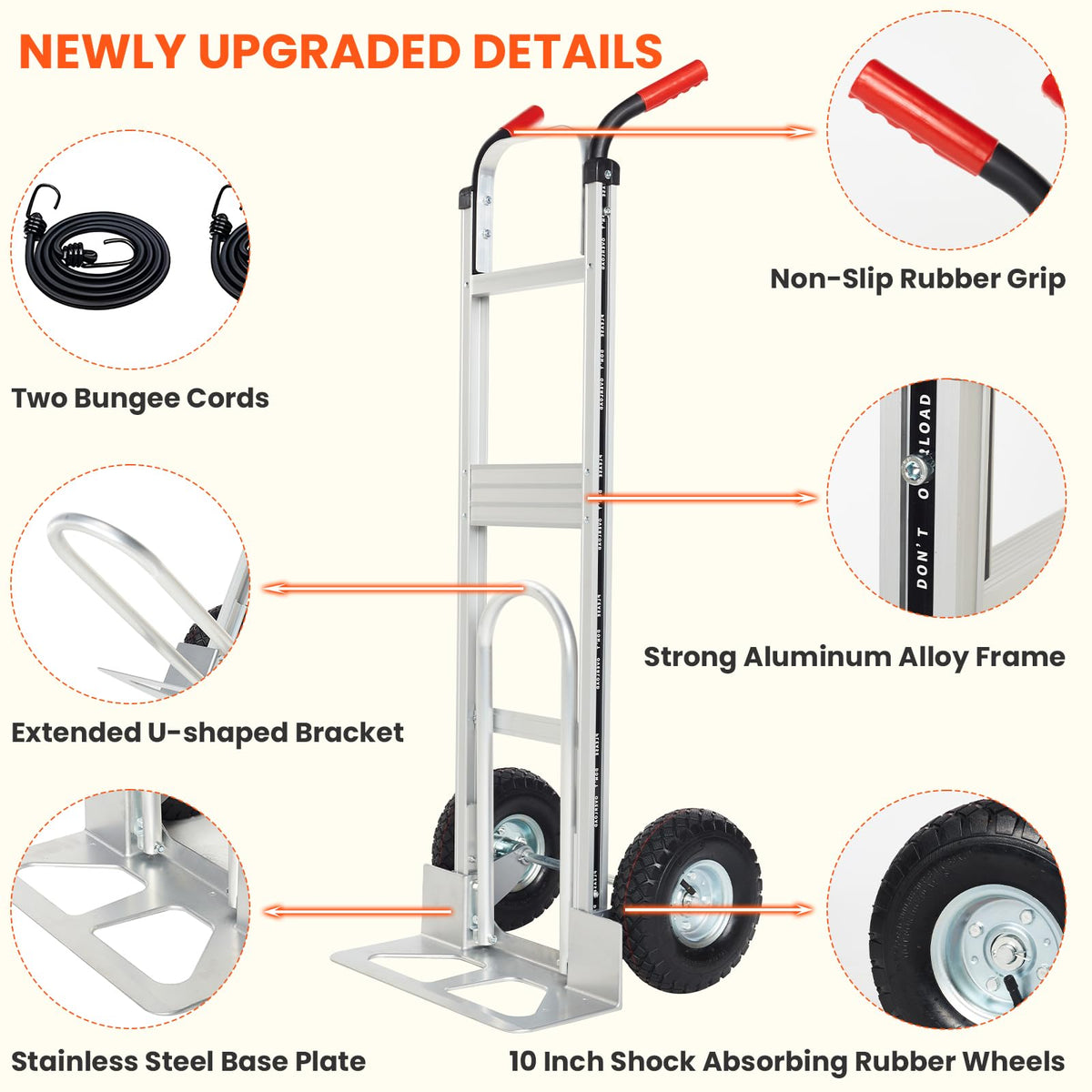 Aluminum Hand Truck Dolly Cart with 10" Pneumatic Tire, 600 LBS Capacity T182