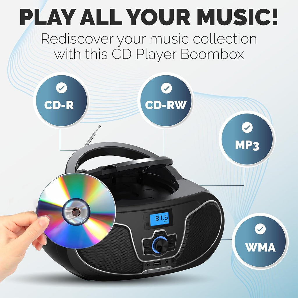 Portable CD Player Boombox with Bluetooth, FM Radio, USB Playback & AUX Input K5006