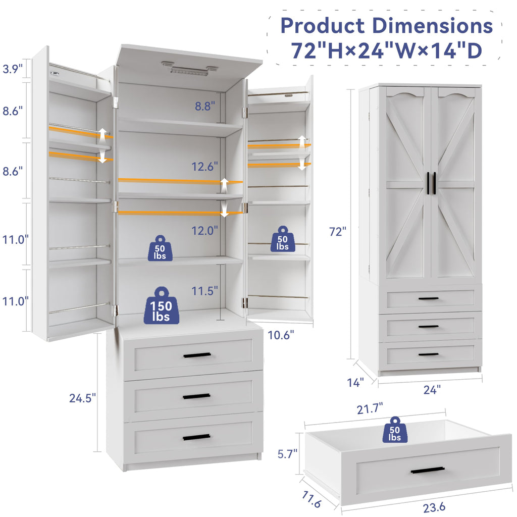 72" Wood Kitchen Pantry Cabinet with 3 Drawers H941
