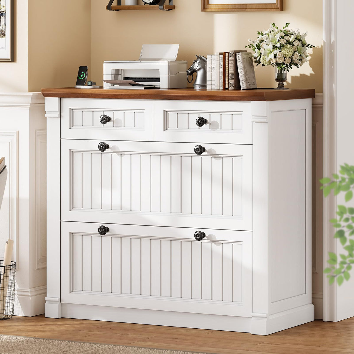 White Brown 4 Drawer Wood File Cabinet with Power Outlets Z193