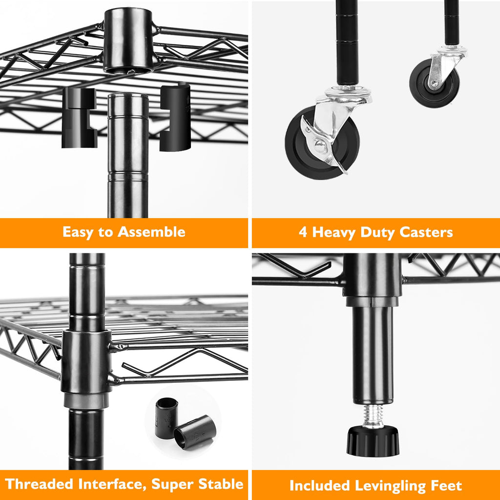 6 Tier Heavy Duty Adjustable Metal Wire Shelving Rack with Wheels, Black P408