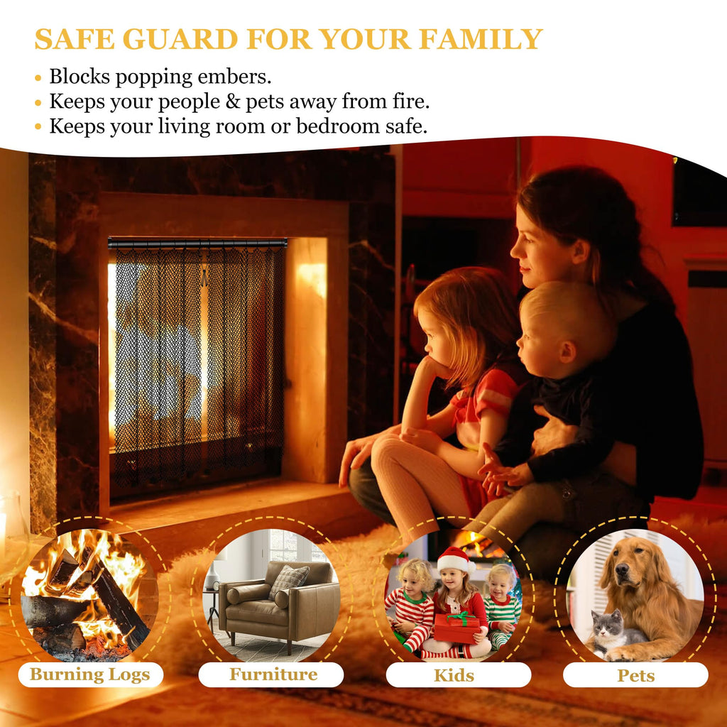 Fireplace Mesh Screen Curtain Kit with Adjustable Rod and Panels 19" H × 24" W Black Matte K573