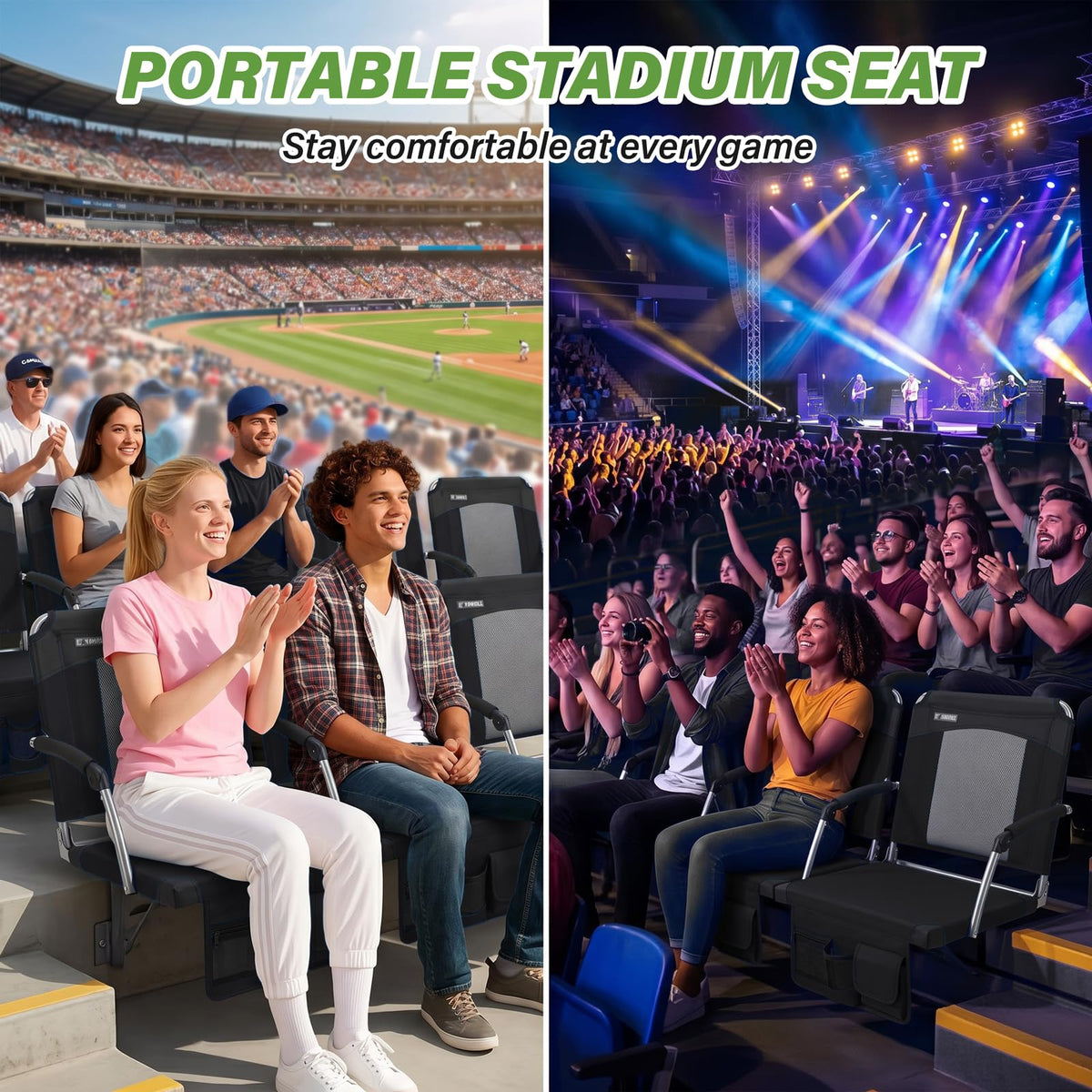 2 Pack Black Stadium Seats with Back Support & Armrests J7606