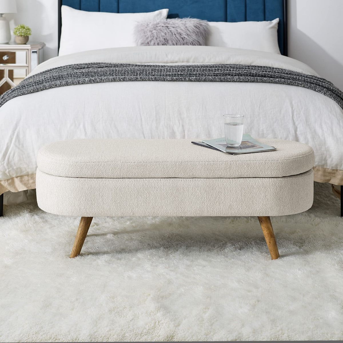 Beige Oval Storage Ottoman Bench with Rubber Wood Legs H443