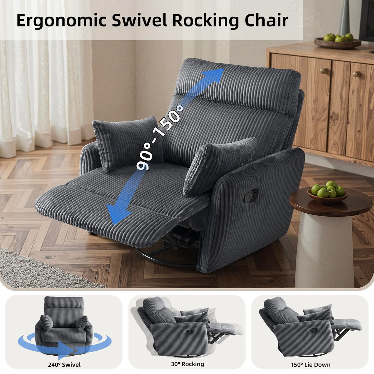 Gray Corduroy Swivel Recliner Chair L743