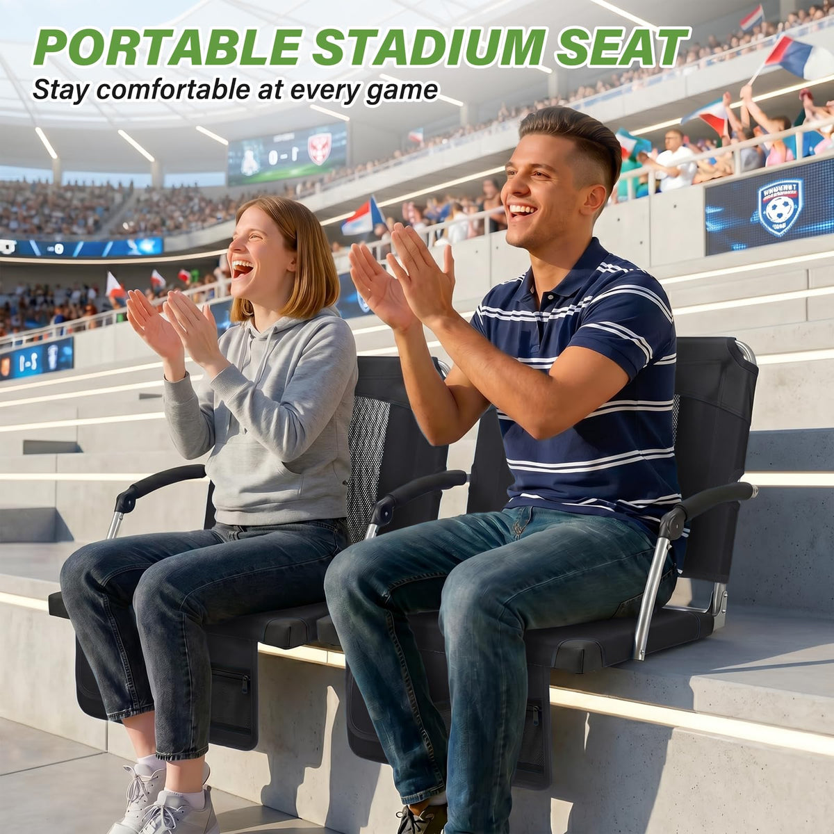 2 Pack Black Stadium Seats with Back Support & Armrests J7606