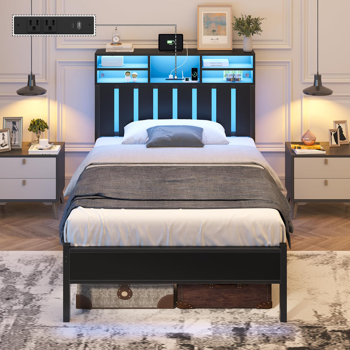 Twin Size Bed Frame with Storage Headboard and LED Lights B5905