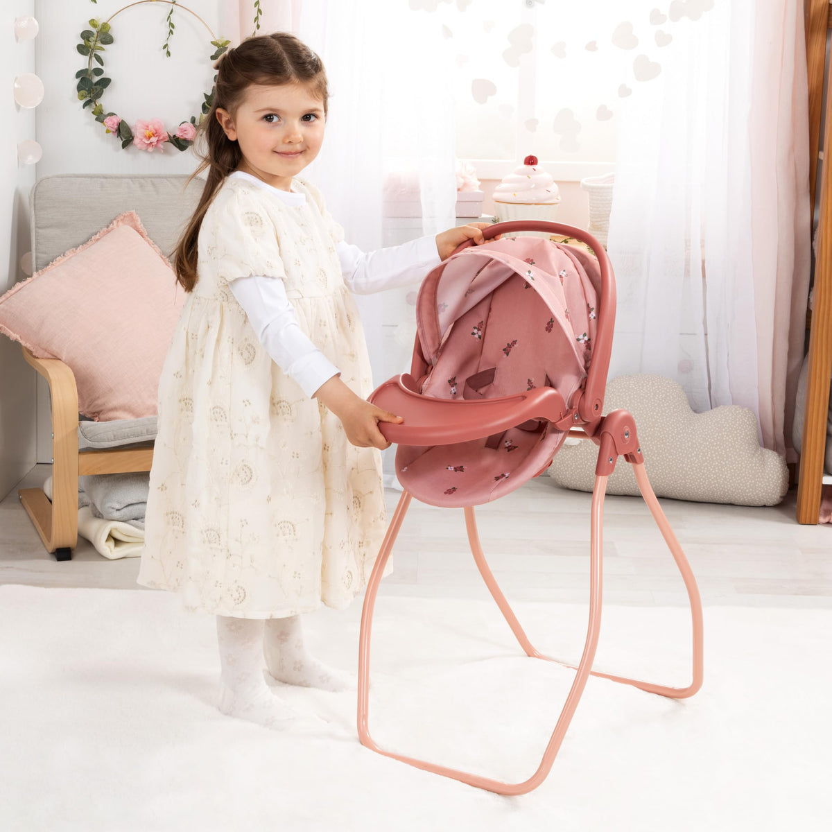Pink Convertible Doll Highchair Swing Bed Car Seat F446