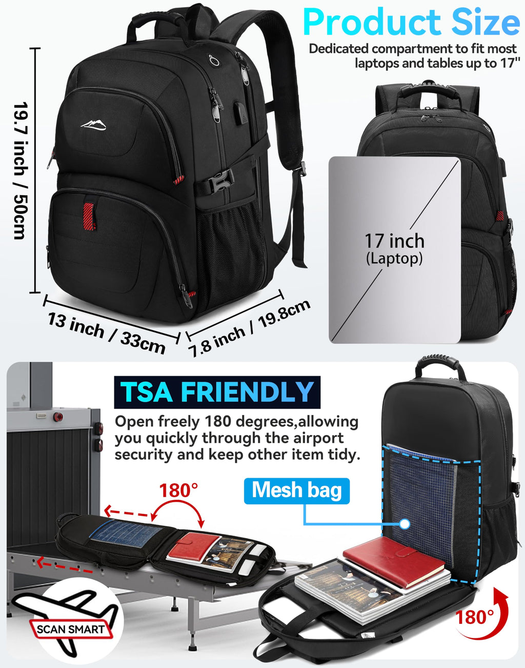 Extra Large Black Laptop Backpack with USB Charging Port G89511