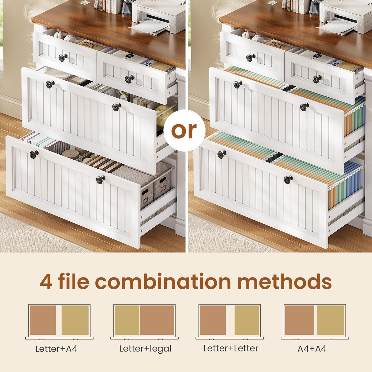 White Brown 4 Drawer Wood File Cabinet with Power Outlets Z193