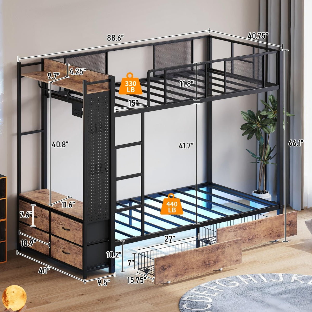 Twin Over Twin Metal Bunk Bed with 6 Storage Drawers and Ladder Q4580
