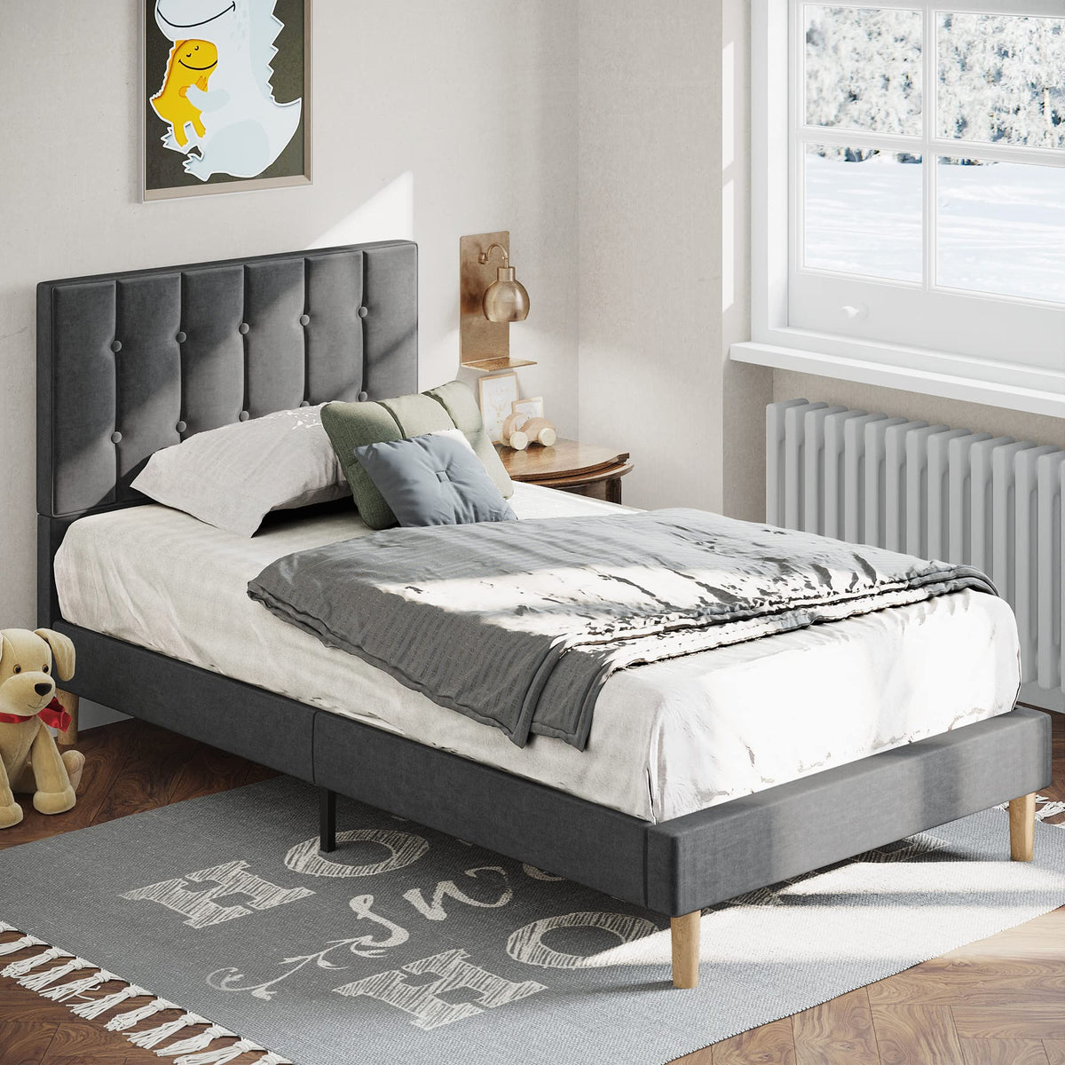 Grey Velvet Upholstered Twin Platform Bed Frame with Headboard S7727
