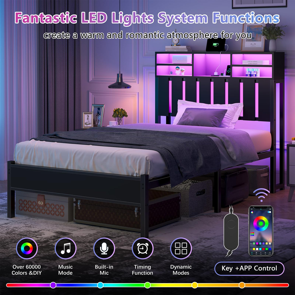 Twin Size Bed Frame with Storage Headboard and LED Lights B5905