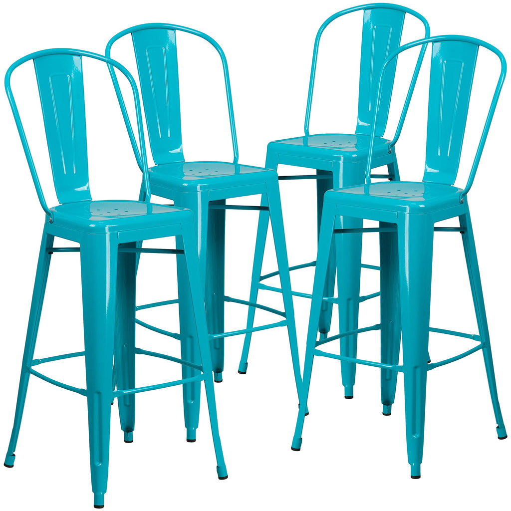 30" Teal-Blue Metal Barstool with Back, 4-Pack Y1880