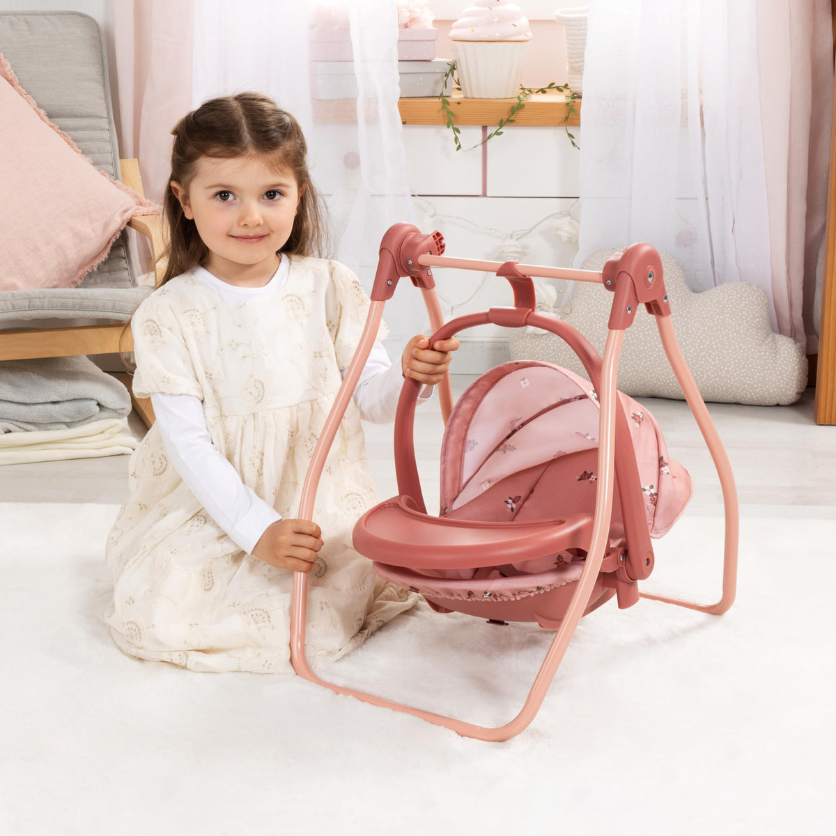 Pink Convertible Doll Highchair Swing Bed Car Seat F446