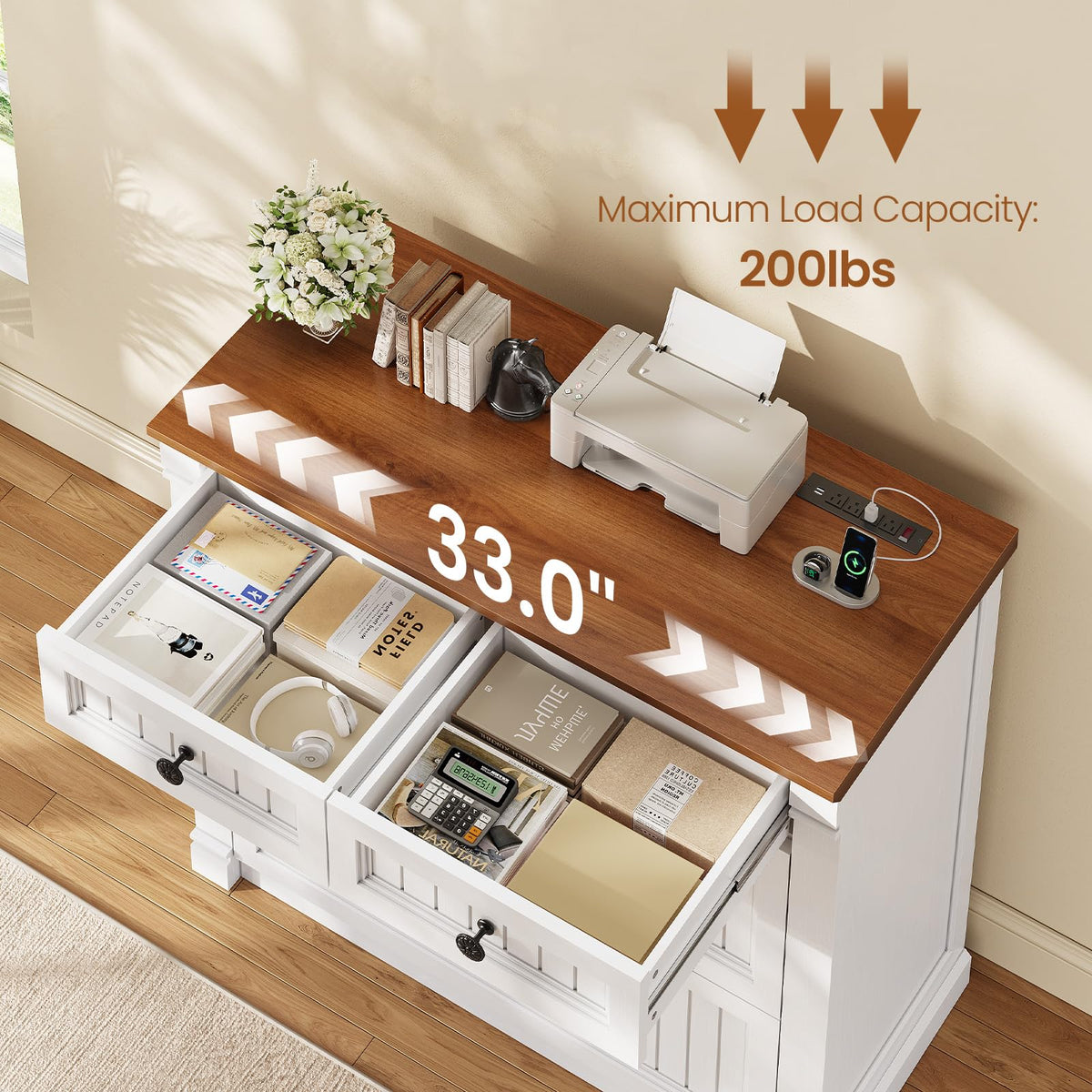 White Brown 4 Drawer Wood File Cabinet with Power Outlets Z193