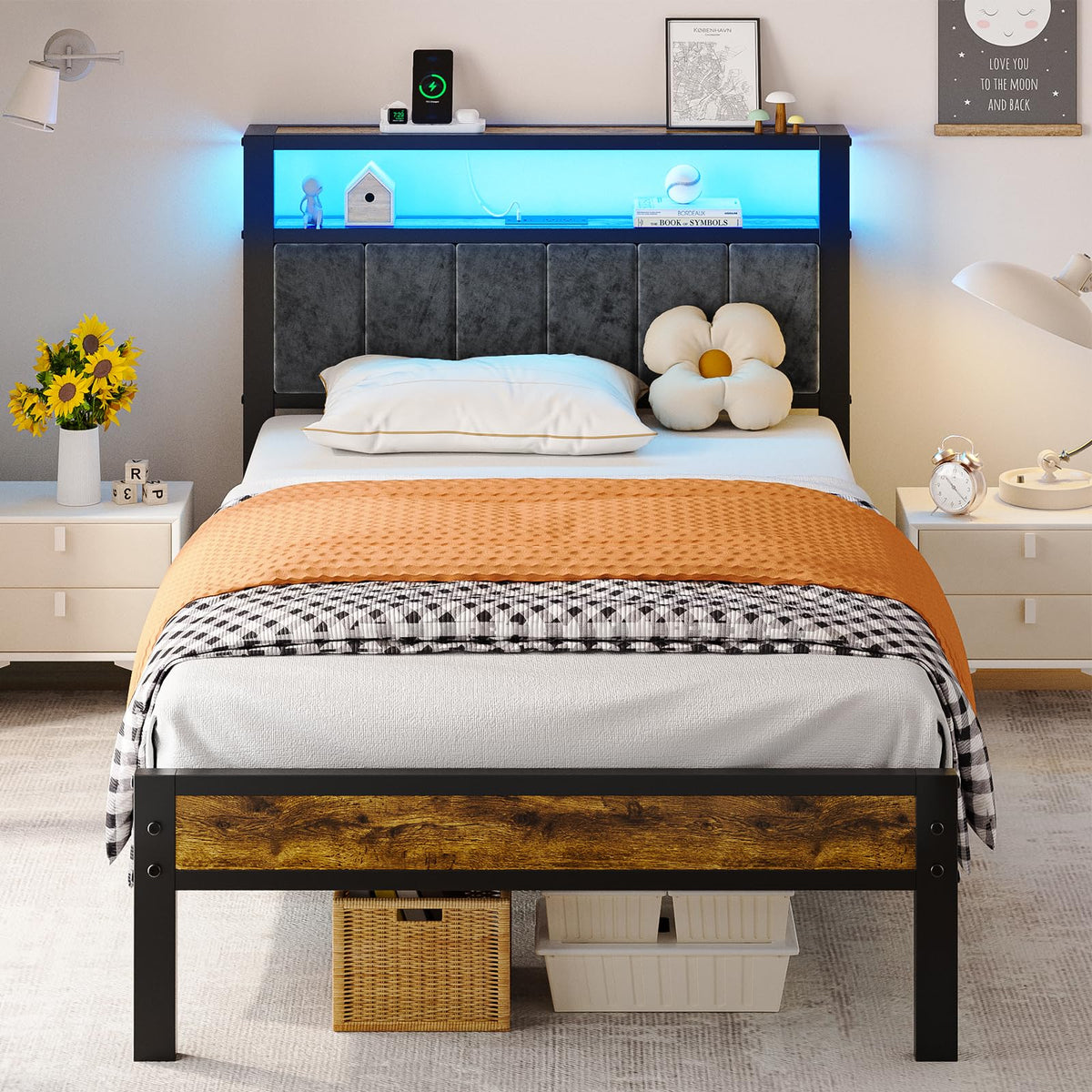 Twin Size Grey Upholstered Bed Frame I439