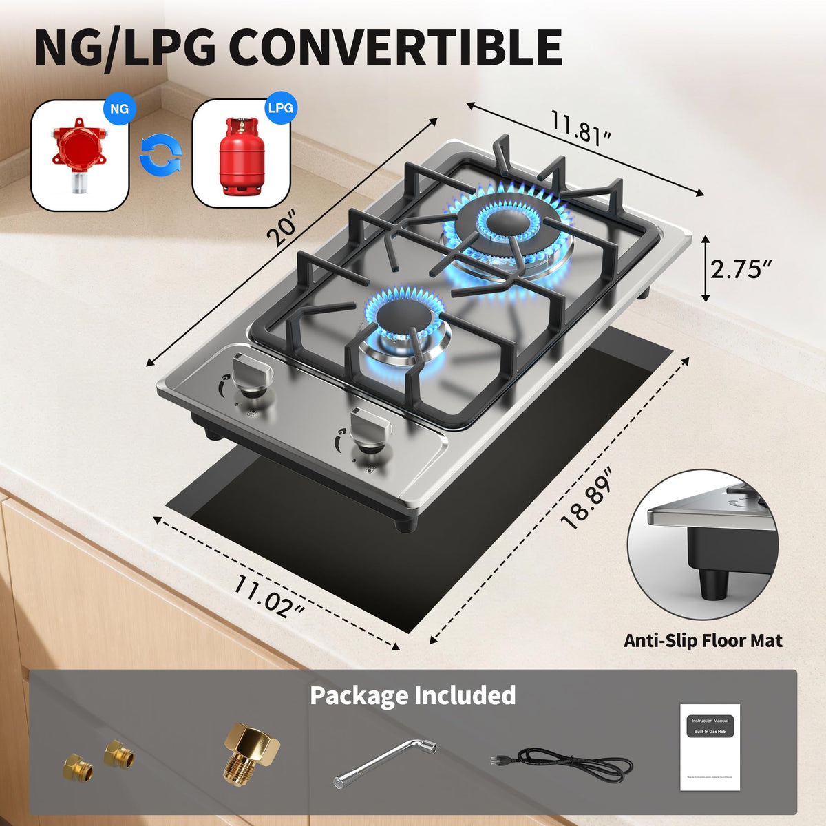2 Burner Propane Gas Cooktop Stainless Steel N78364