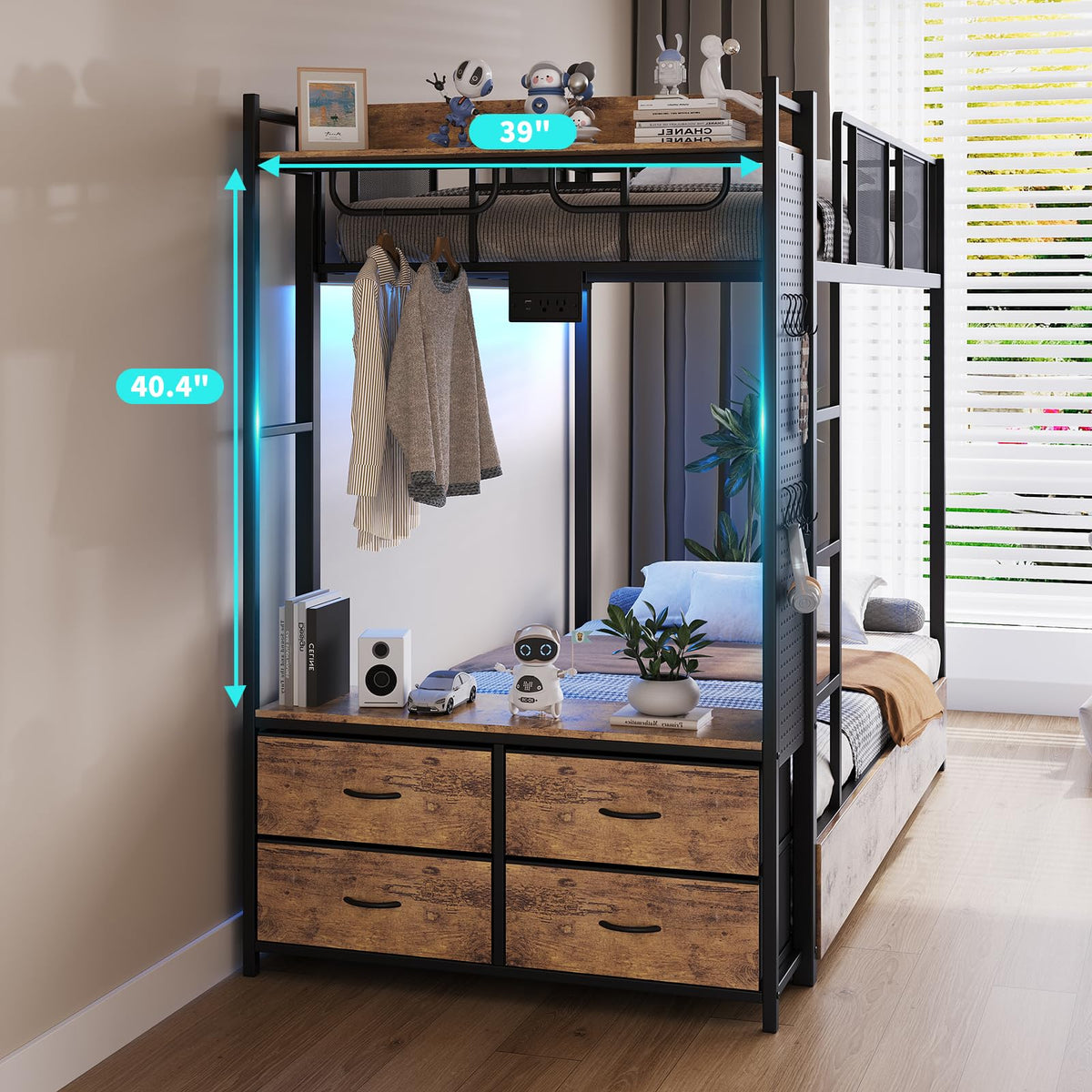Twin Over Twin Metal Bunk Bed with 6 Storage Drawers and Ladder Q4580