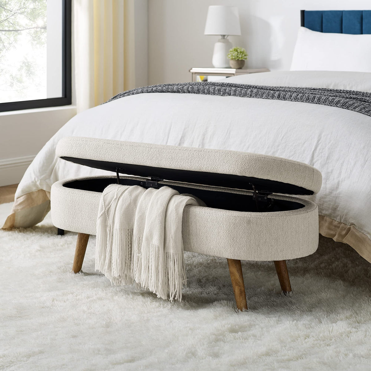 Beige Oval Storage Ottoman Bench with Rubber Wood Legs H443