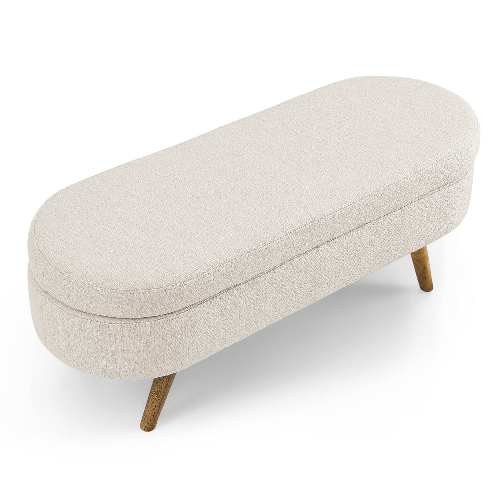 Beige Oval Storage Ottoman Bench with Rubber Wood Legs H443