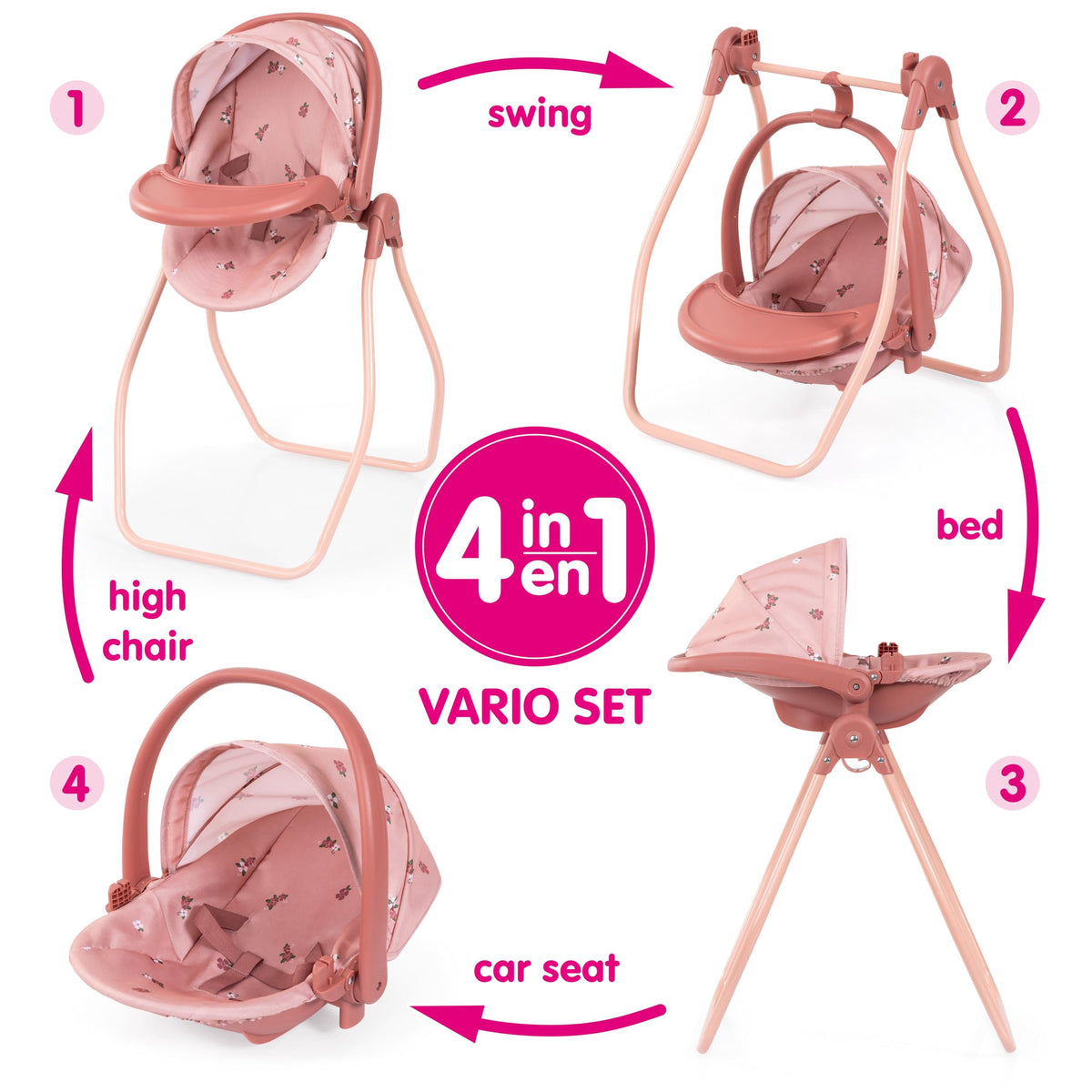 Pink Convertible Doll Highchair Swing Bed Car Seat F446