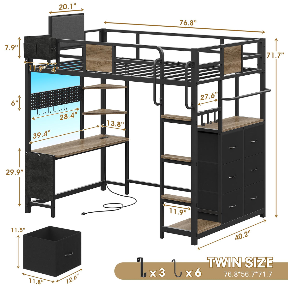 Twin Loft Bed with Desk and 6 Storage Drawers U76797