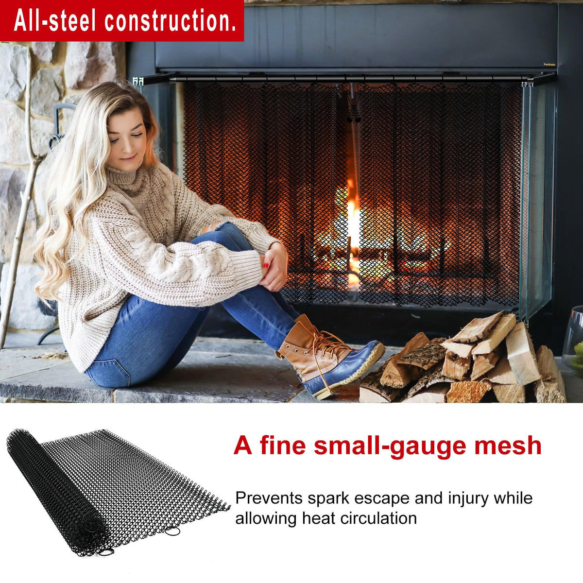 Fireplace Mesh Screen Curtain Kit with Adjustable Rod and Panels 19" H × 24" W Black Matte K573