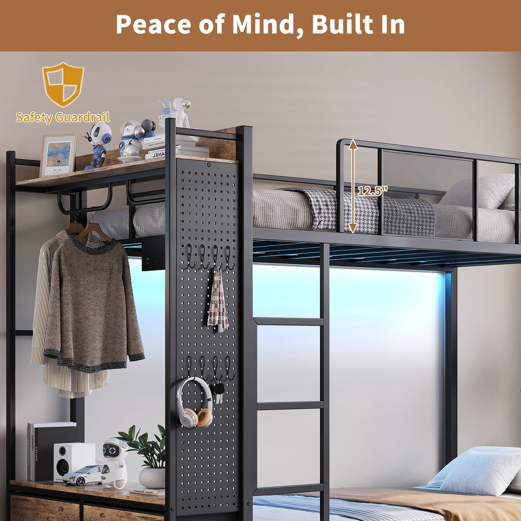 Twin Over Twin Metal Bunk Bed with 6 Storage Drawers and Ladder Q4580