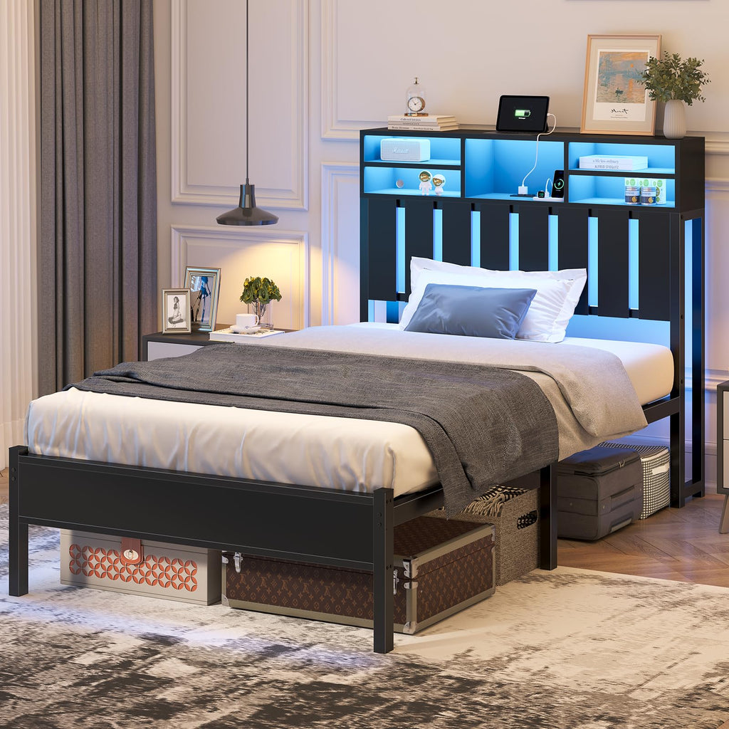 Twin Size Bed Frame with Storage Headboard and LED Lights B5905