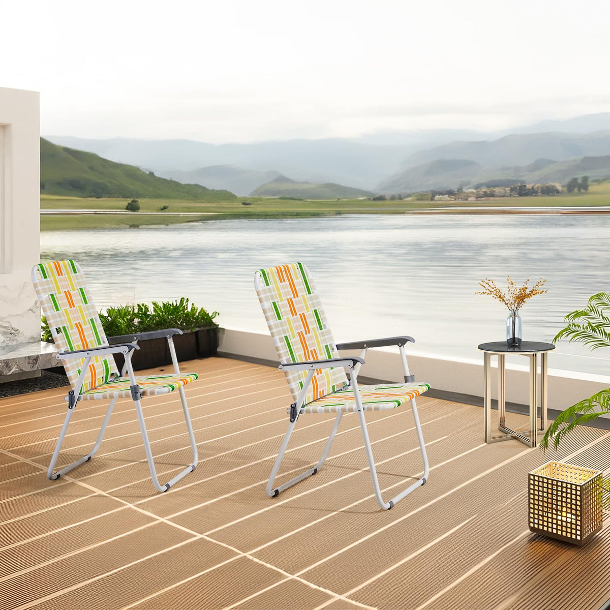 Yellow & Green Webbed Lawn Chairs Set of 2 H378323
