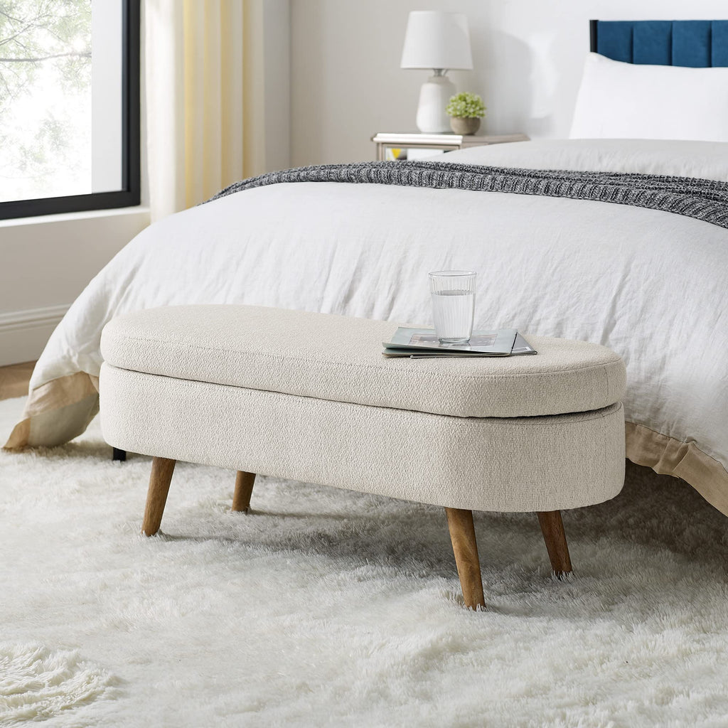 Beige Oval Storage Ottoman Bench with Rubber Wood Legs H443