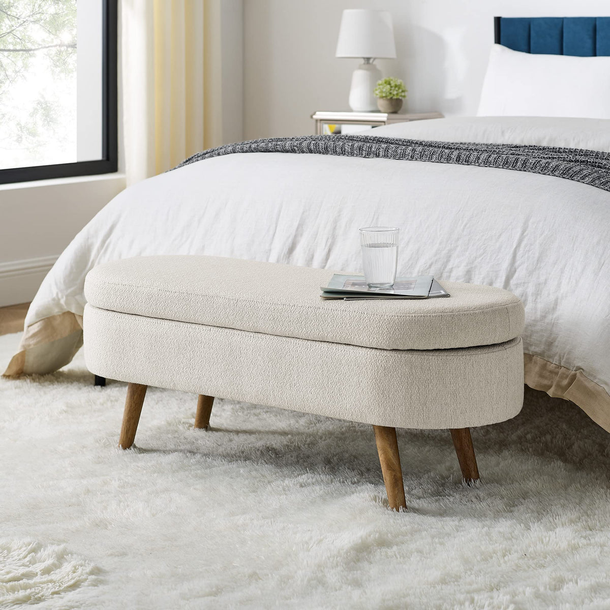 Beige Oval Storage Ottoman Bench with Rubber Wood Legs H443
