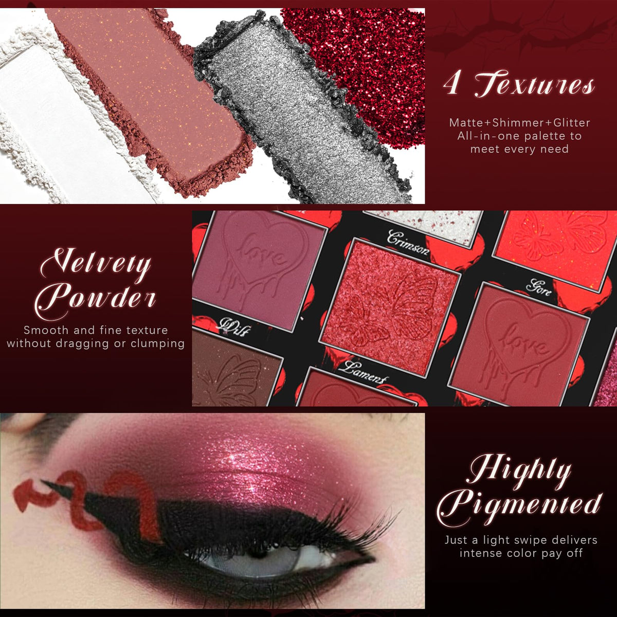 Dark Red Black Burgundy Gray Eyeshadow Palette I8791