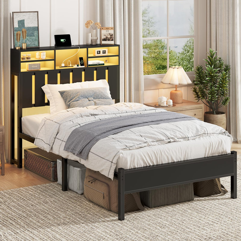 Twin Size Bed Frame with Storage Headboard and LED Lights B5905