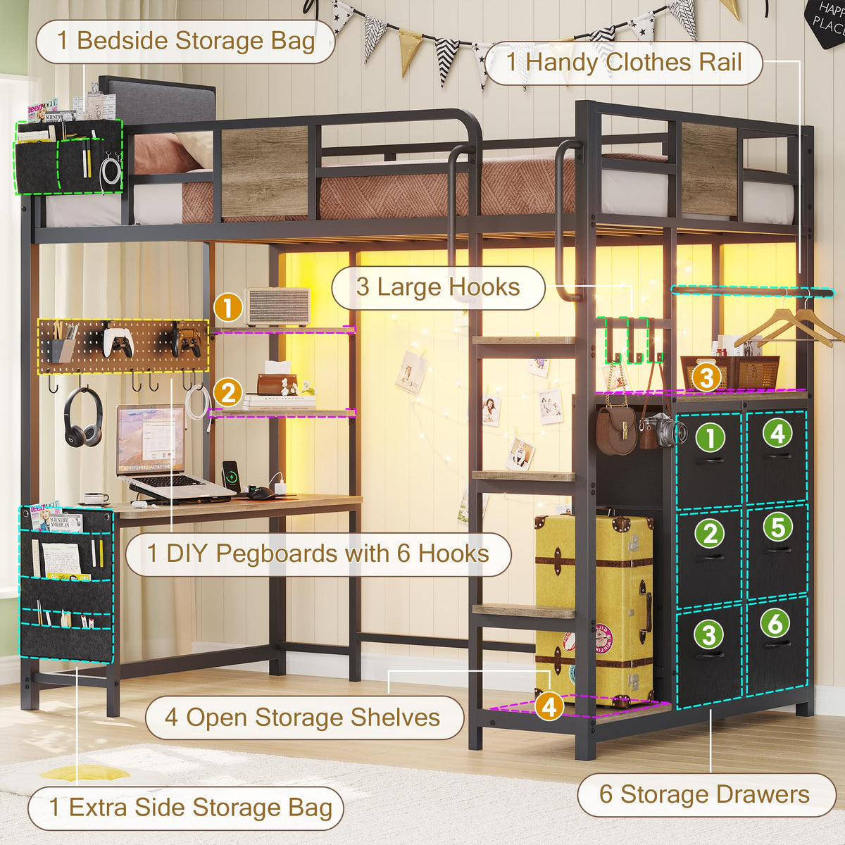 Twin Loft Bed with Desk and 6 Storage Drawers U76797