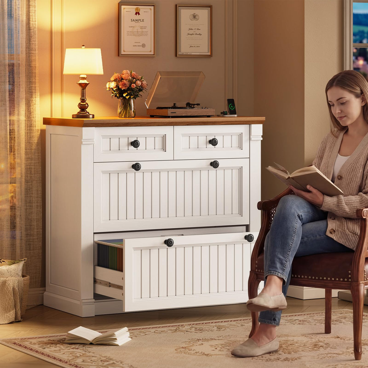 White Brown 4 Drawer Wood File Cabinet with Power Outlets Z193