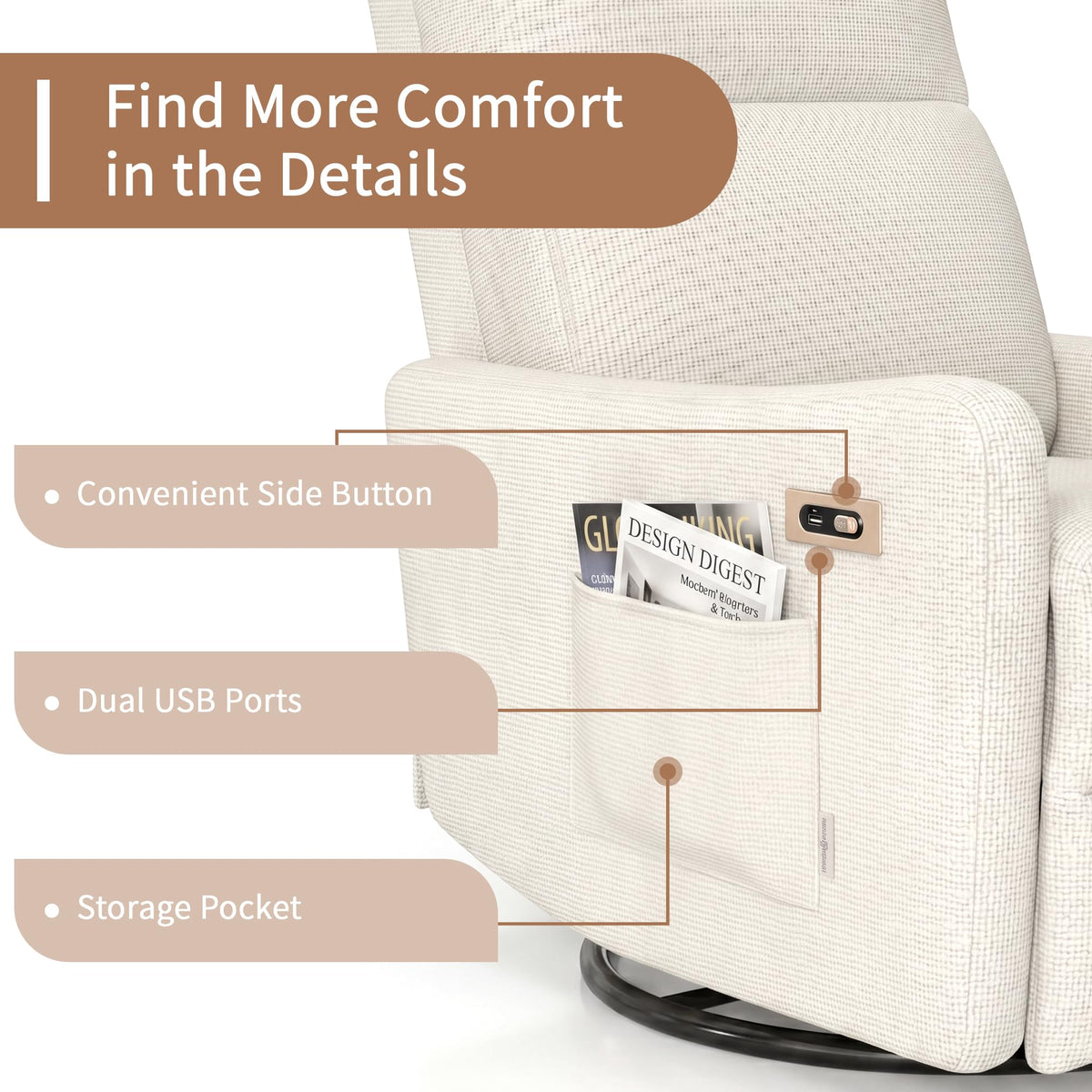 Power Swivel Recliner Chair with USB Charging Port W67077