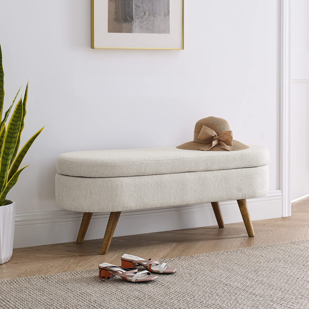 Beige Oval Storage Ottoman Bench with Rubber Wood Legs H443