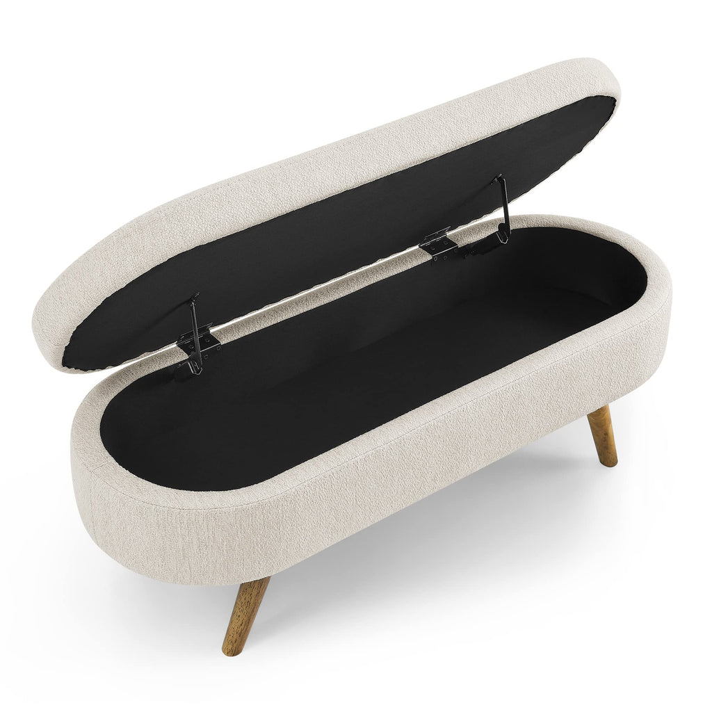 Beige Oval Storage Ottoman Bench with Rubber Wood Legs H443