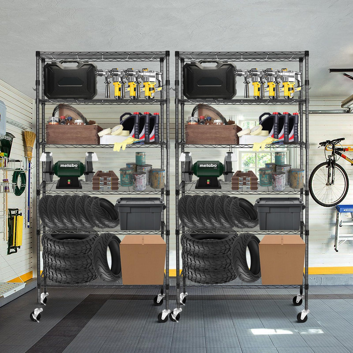 6 Tier Heavy Duty Adjustable Metal Wire Shelving Rack with Wheels, Black P408