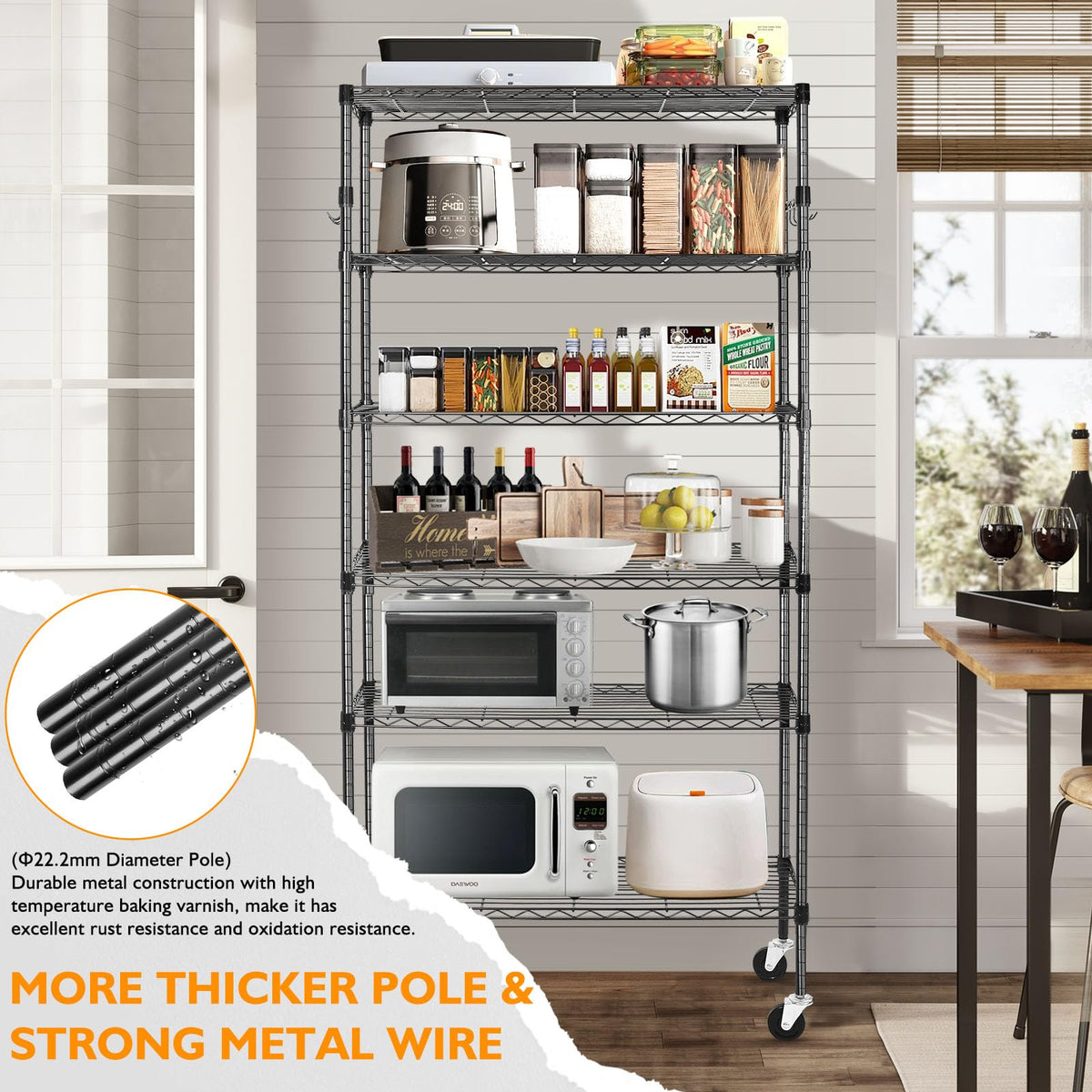 6 Tier Heavy Duty Adjustable Metal Wire Shelving Rack with Wheels, Black P408