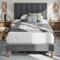 Grey Velvet Upholstered Twin Platform Bed Frame with Headboard S7727