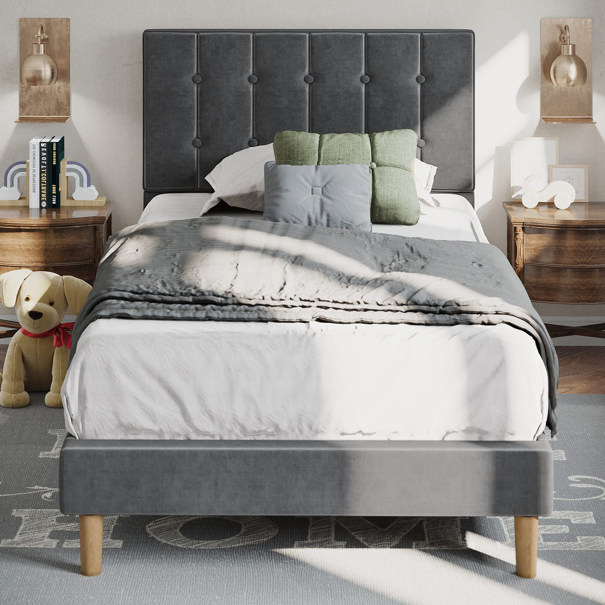 Grey Velvet Upholstered Twin Platform Bed Frame with Headboard S7727