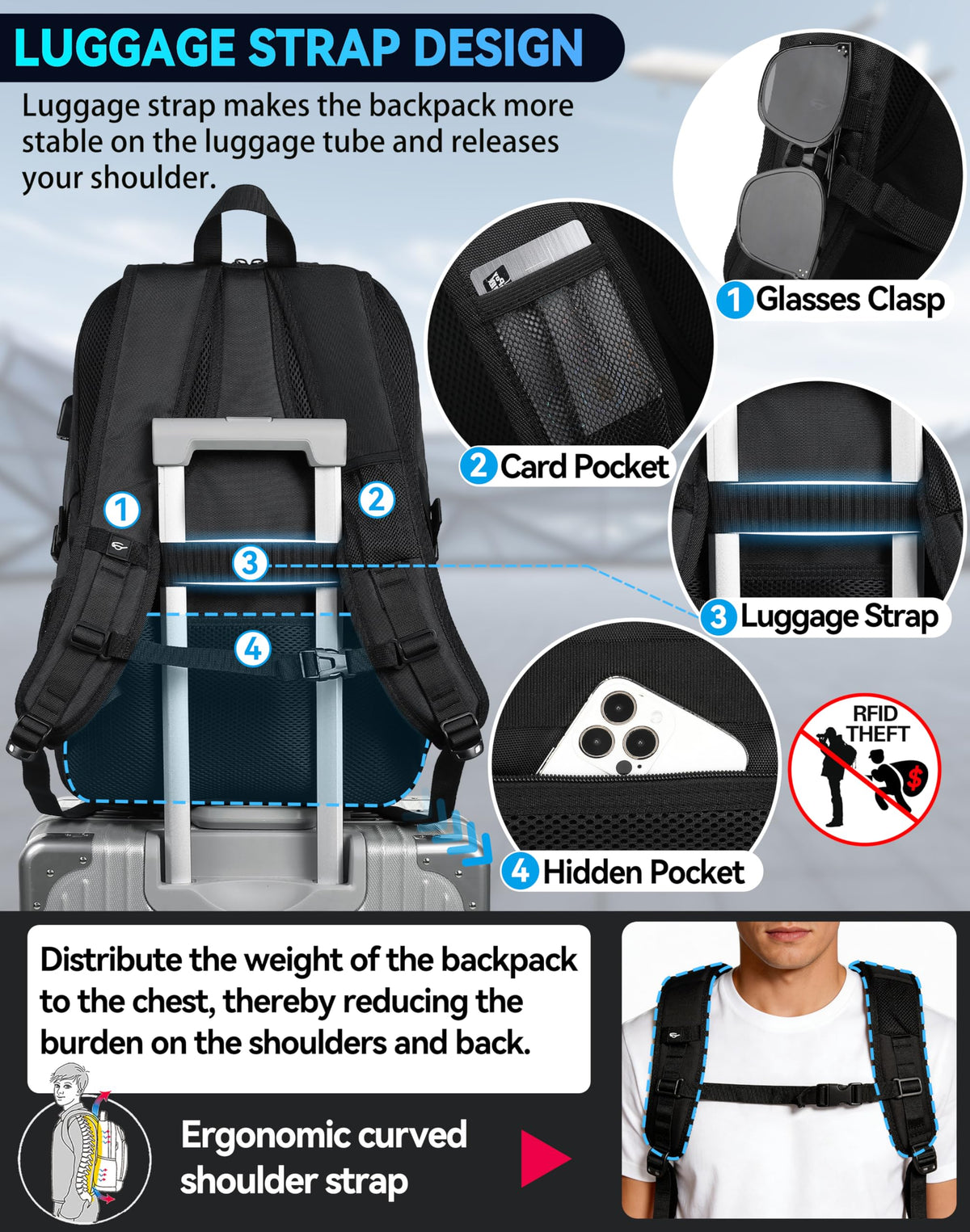 Extra Large Black Laptop Backpack with USB Charging Port G89511