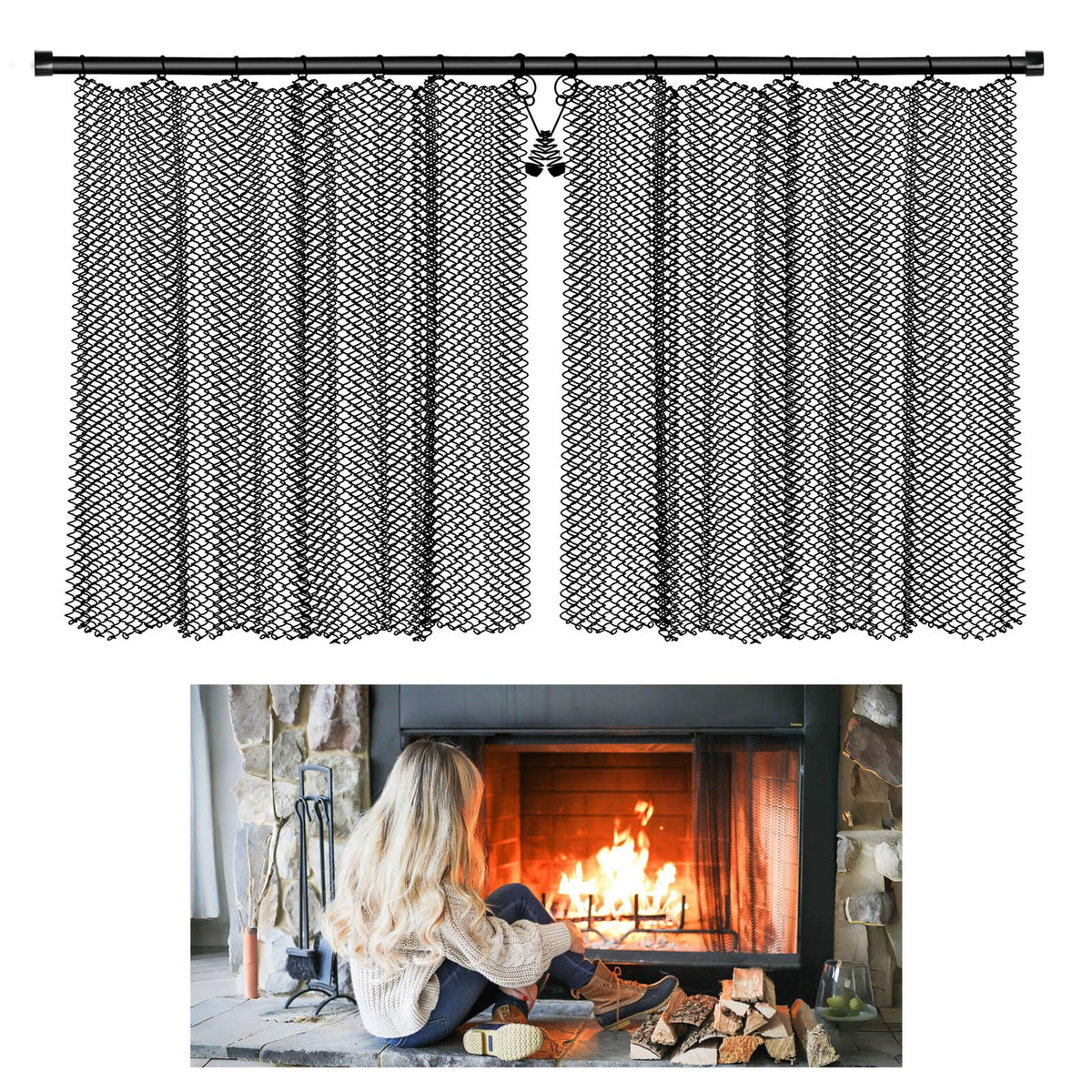 Fireplace Mesh Screen Curtain Kit with Adjustable Rod and Panels 19" H × 24" W Black Matte K573